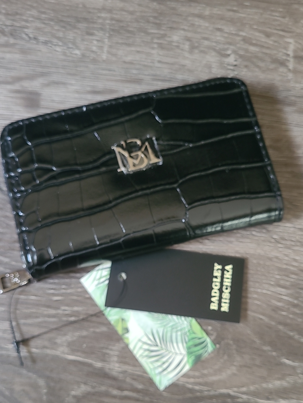 Badgley Mischka Black Croc-Embossed Zip Coin And Card Wallet